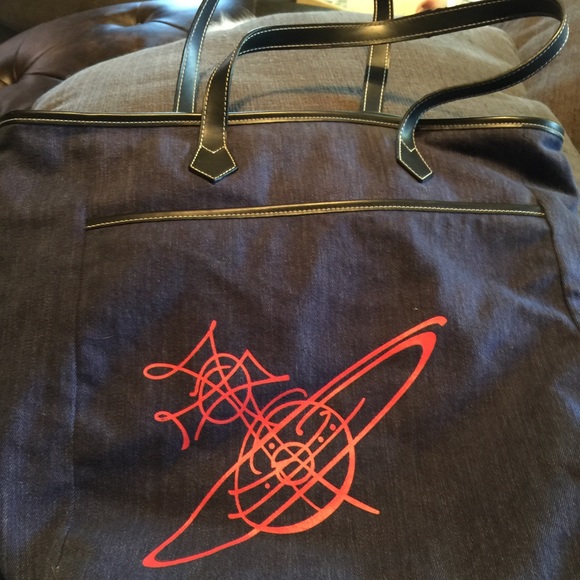 Vivienne Westwood denim tote w/red graffiti orb.