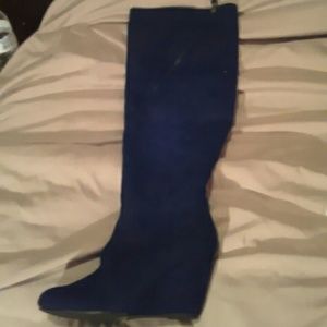 Navy blue color over knee suede wedge boots new