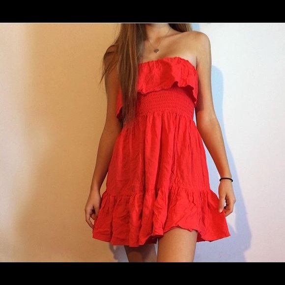 Deep orange red strapless dress