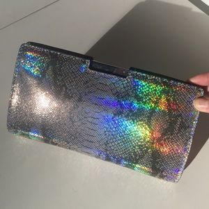 Milly silver iridescent snakeskin print clutch