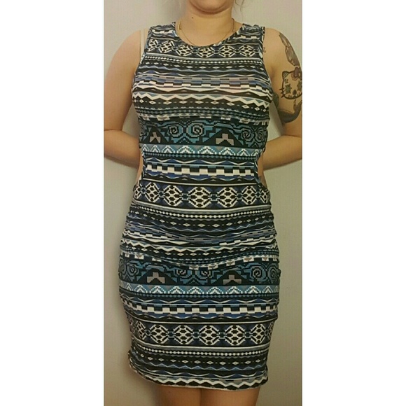 BLUE AZTEC/TRIBAL CUTOUT KNEE LENGTH DRESS