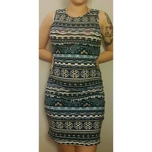 BLUE AZTEC/TRIBAL CUTOUT KNEE LENGTH DRESS