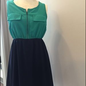 Teal and dark blue dress, Fabrik