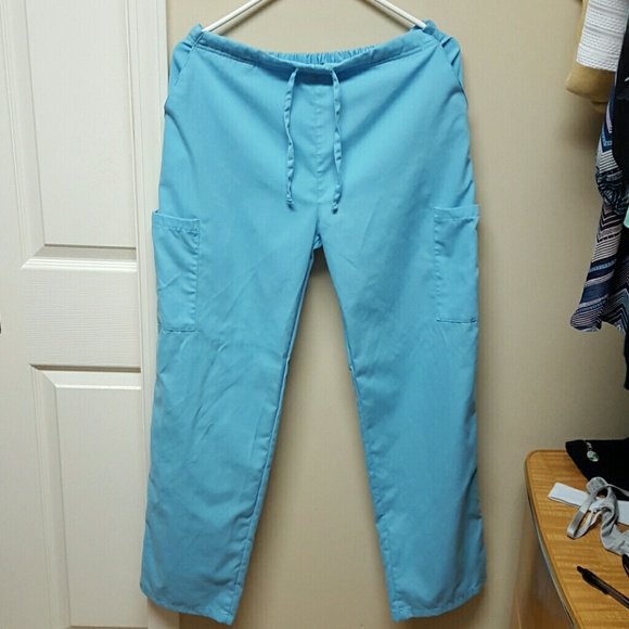 Turquoise scrub pants.