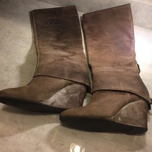 Distressed, tall, gray/brown booth with wedge heel