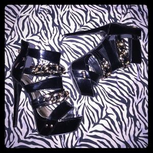 Black Leather Chain Platform Heels - Sz 8