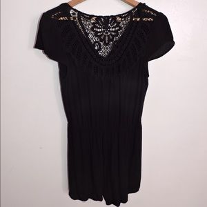 Black Short Sleeve Romper with Crochet Detail