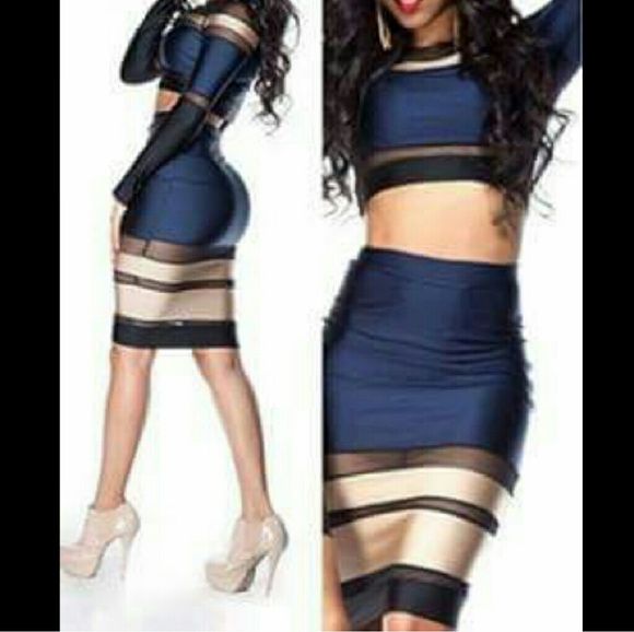 2pc blue black and gold crop skirt set - Picture 1 of 2
