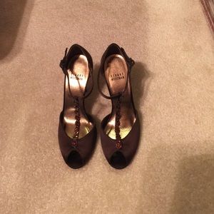 Stuart Weitzman Chocolate Satin Jeweled Heels