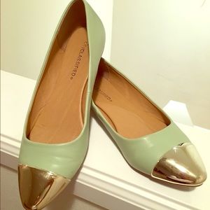 Mint green slip on gold toes