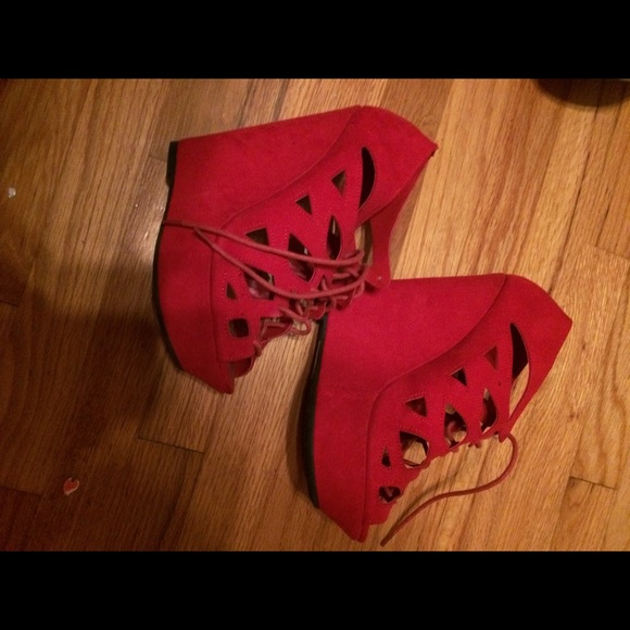 Red High Heel Lace Up Wedges
