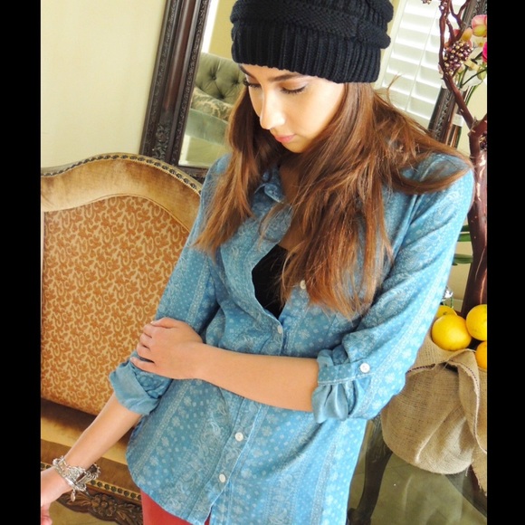 Printed Light Blue Denim chambray Shirt - Picture 3 of 4