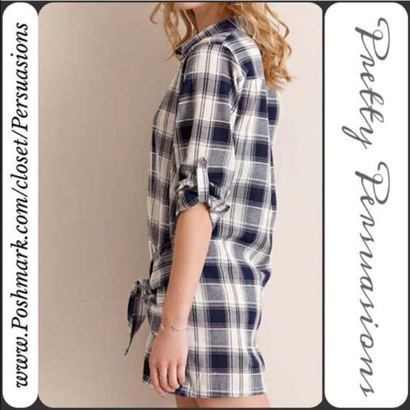 SOLD 🌻NWT Navy Plaid Knot Front Tunic Mini Dress - Picture 2 of 4