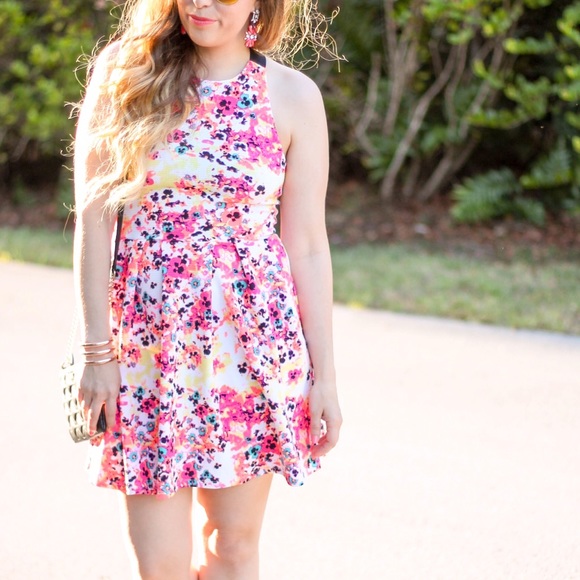 Neon floral textured racer back skater dress - Picture 2 of 4