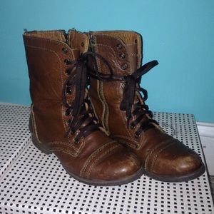 Brown leather combat boots