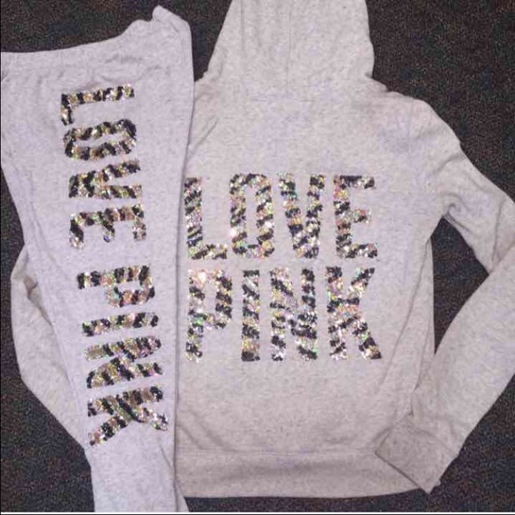 VS PINK Rare Zebra Bling Sweatpants Hoodie Set M S