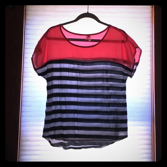 Navy & white striped top with melon satin accent