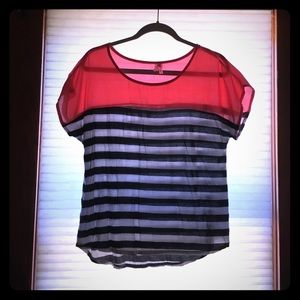 Navy & white striped top with melon satin accent