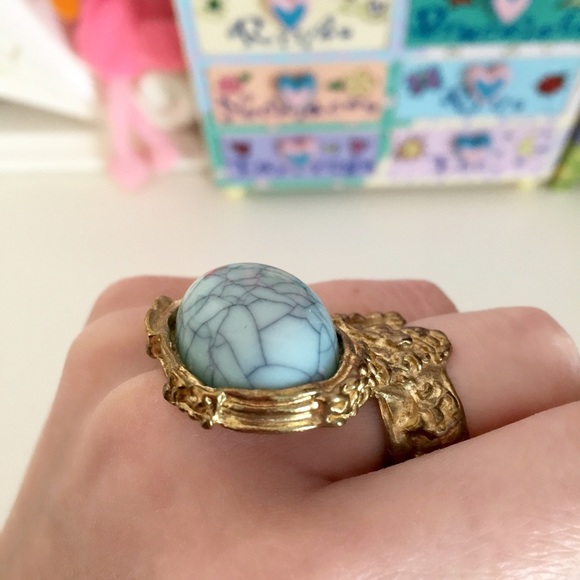 New! Blue Marble Gold Gem Jewel Arty Ring Stone - Picture 2 of 4