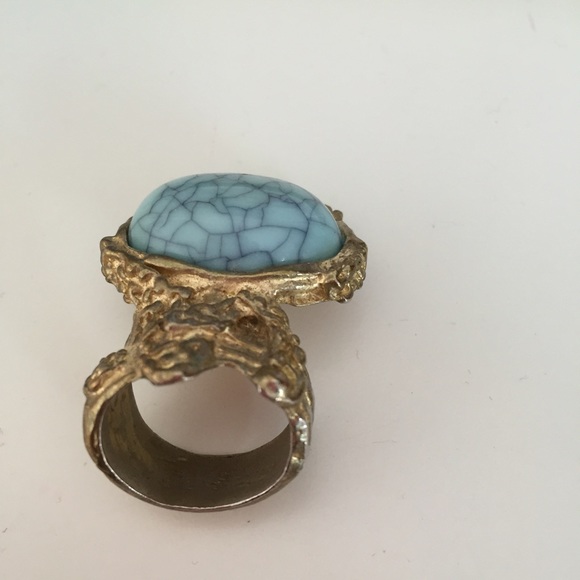 New! Blue Marble Gold Gem Jewel Arty Ring Stone - Picture 3 of 4