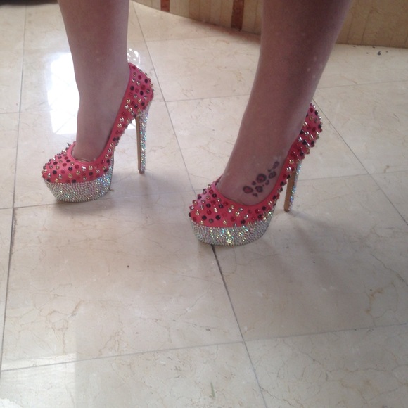 Melon colored blinged out heels sz 8