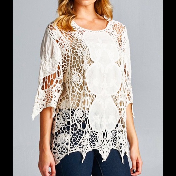100% Cotton white cut out crochet cover blouse top