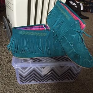 Teal Fringe Moccasins