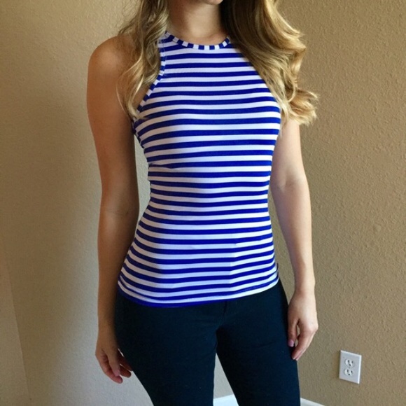 Tops - Blue & White Striped High Neck Tank