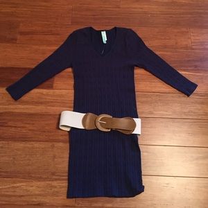 Form fitting navy sweater dress