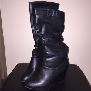 Black faux leather wedge boots