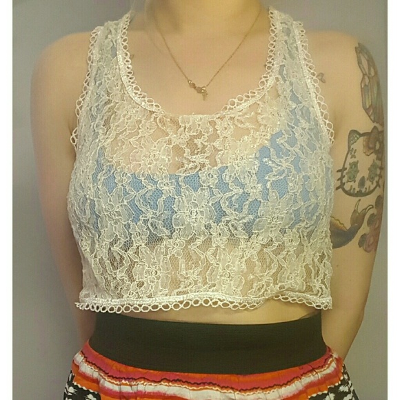 cream colored lace crop tank top