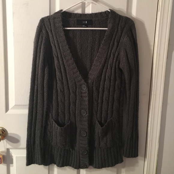 Gray cardigan.