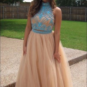 Sherri Hill Size 4 Turquoise/Tan 2-Piece Prom