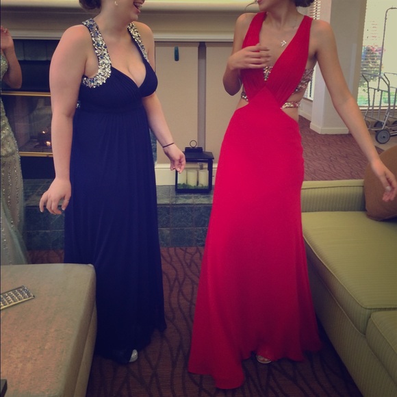 Floor Length Prom Dress w/ Deep Plunge & Beading