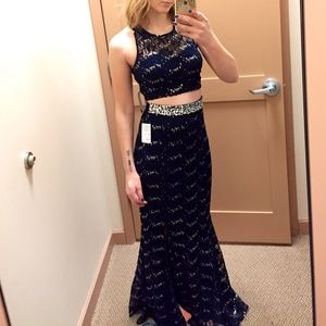 Navy Two-Piece Sparkly Lace Prom/Homecoming Dress