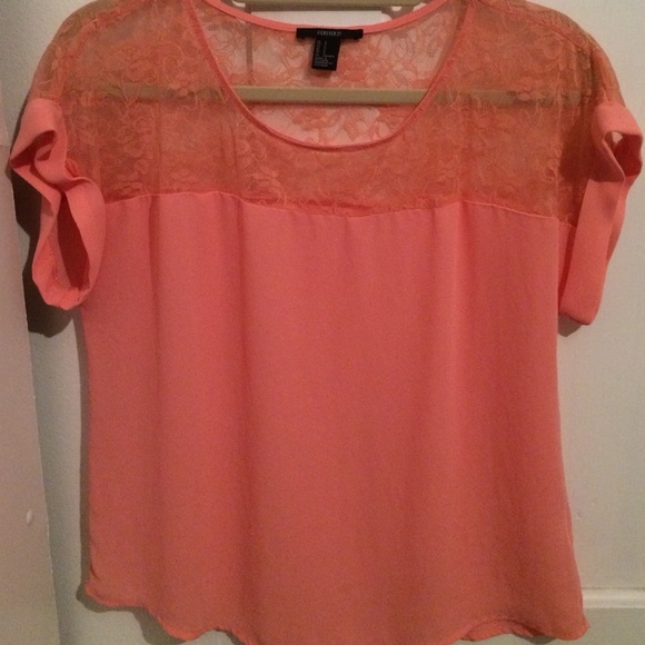 Short Sleeve, Coral Forever 21 Top With Lace