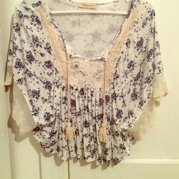White Blouse With Lace Trim, Blue Flowers