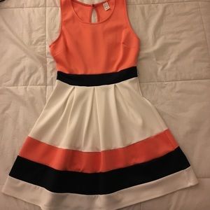 Peach dress with blue and white