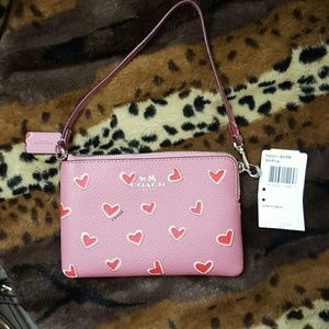 Coach Heart Print Leather Corner Zip Wristlet