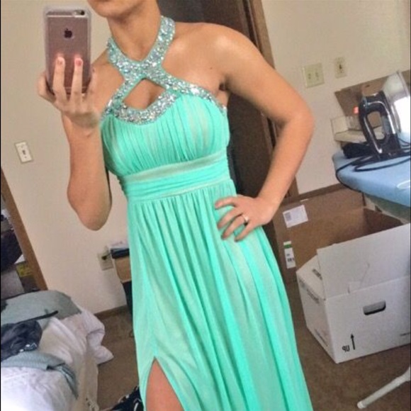 Mint green rhinestone beaded prom dress.