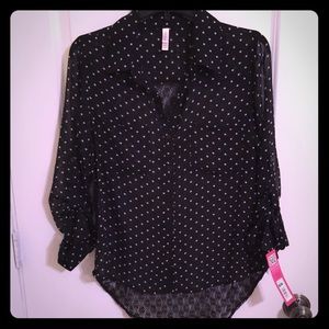 Black Pokadot and Lace Button Up Shirt