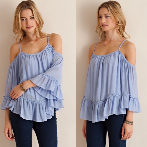 🔴SOLD🔴 Blue Peek Shoulder Hem Blouse - Picture 2 of 2