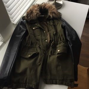 Utility Jacket with Faux Leather Sleeves