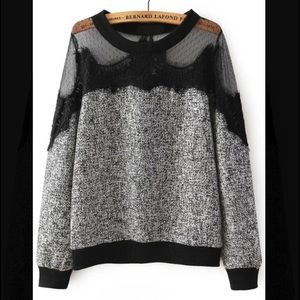 Round Neck Sheer Mesh Lace Sweatshirt