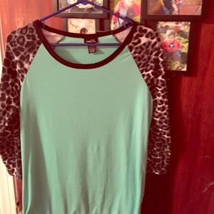 Teal and snow leopard long sleeve tee