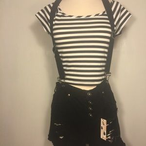 Guess high-waisted overall denim shorts.