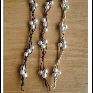 Black leather cord multi pearl bracelet