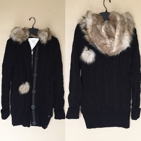 American Eagle Outfitters Sweaters - Black Cable Knit Faux Fur Hooded Cardigan Sweater