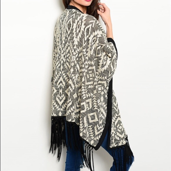 Sweaters - FINAL SALE Gray Print Black Fringe Cardigan Kimono