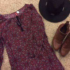 Cool burgundy print tunic dress with tassel tie